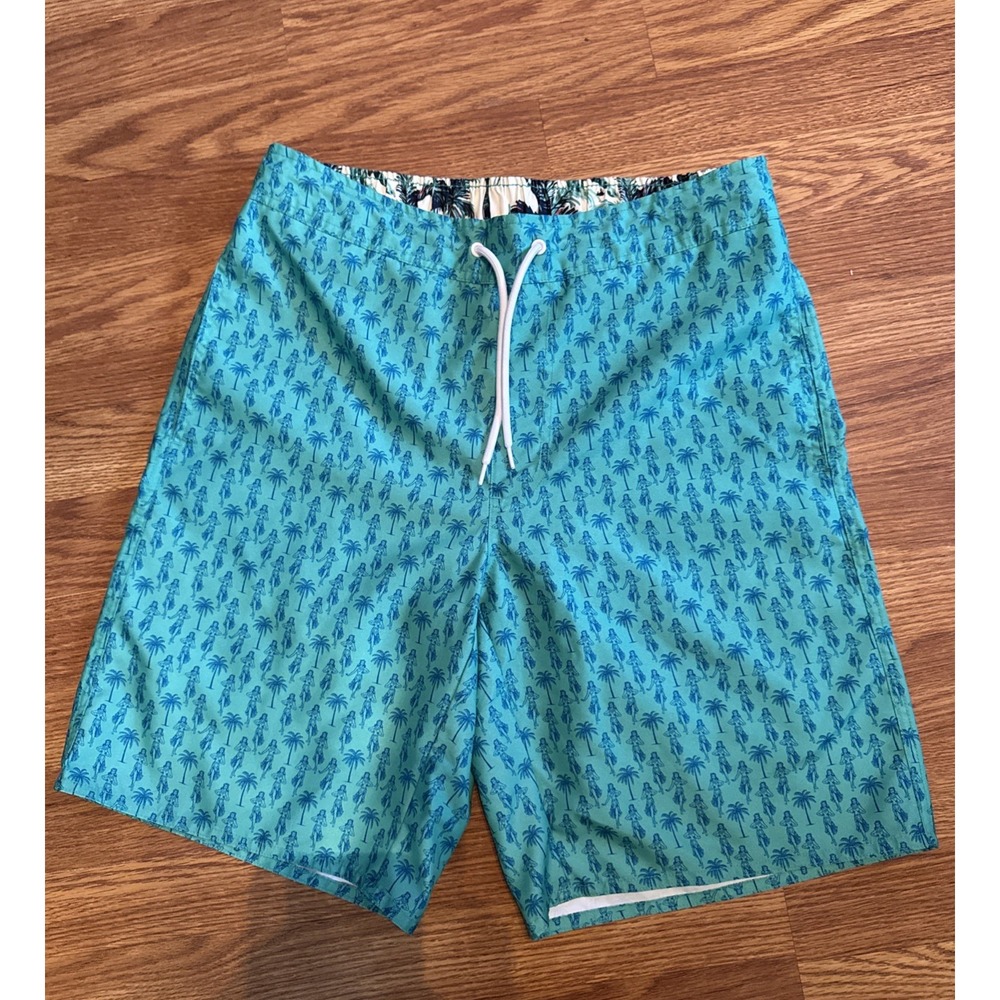 St Johns Bay Mens Hawaiian Lady Palm Trees Green Swim Trunks Boardshorts Medium
